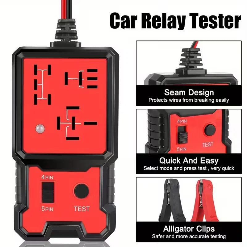 Compact 12V Automotive Relay Tester with Battery Clamp - Easy-To-Use 4-Pin and 5-Pin Relay Tester with Clear Terminal Display, Spdt Switch and Copper Contacts, Hard-Wired/Battery-Powered