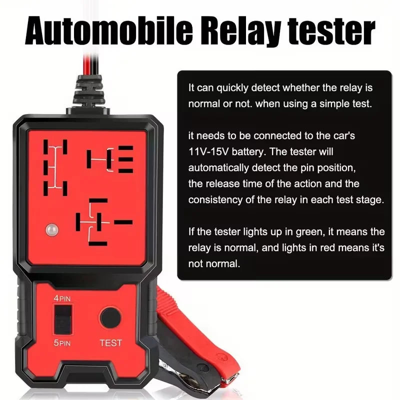 Compact 12V Automotive Relay Tester with Battery Clamp - Easy-To-Use 4-Pin and 5-Pin Relay Tester with Clear Terminal Display, Spdt Switch and Copper Contacts, Hard-Wired/Battery-Powered