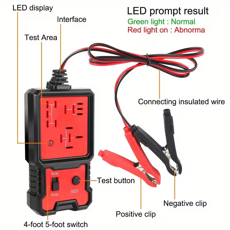 Compact 12V Automotive Relay Tester with Battery Clamp - Easy-To-Use 4-Pin and 5-Pin Relay Tester with Clear Terminal Display, Spdt Switch and Copper Contacts, Hard-Wired/Battery-Powered
