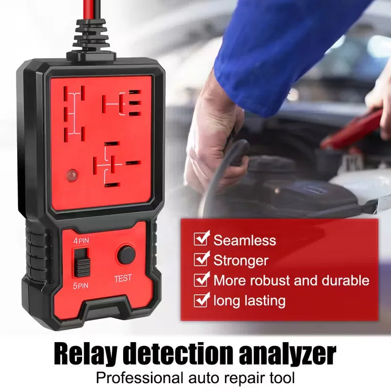 Compact 12V Automotive Relay Tester with Battery Clamp - Easy-To-Use 4-Pin and 5-Pin Relay Tester with Clear Terminal Display, Spdt Switch and Copper Contacts, Hard-Wired/Battery-Powered