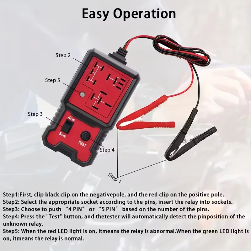 Compact 12V Automotive Relay Tester with Battery Clamp - Easy-To-Use 4-Pin and 5-Pin Relay Tester with Clear Terminal Display, Spdt Switch and Copper Contacts, Hard-Wired/Battery-Powered