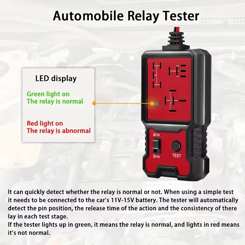 Compact 12V Automotive Relay Tester with Battery Clamp - Easy-To-Use 4-Pin and 5-Pin Relay Tester with Clear Terminal Display, Spdt Switch and Copper Contacts, Hard-Wired/Battery-Powered